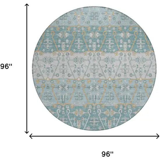 8' Teal Blue And Silver Round Oriental Washable Indoor Outdoor Area Rug Photo 5