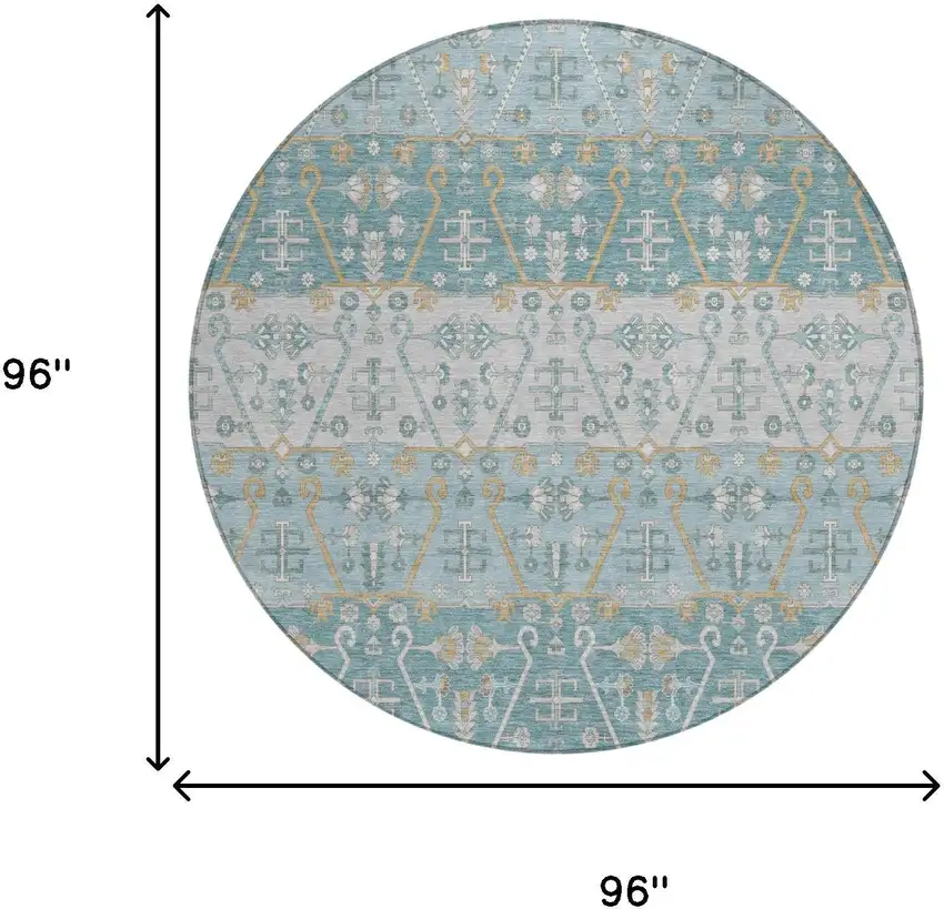 8' Teal Blue And Silver Round Oriental Washable Indoor Outdoor Area Rug Photo 5