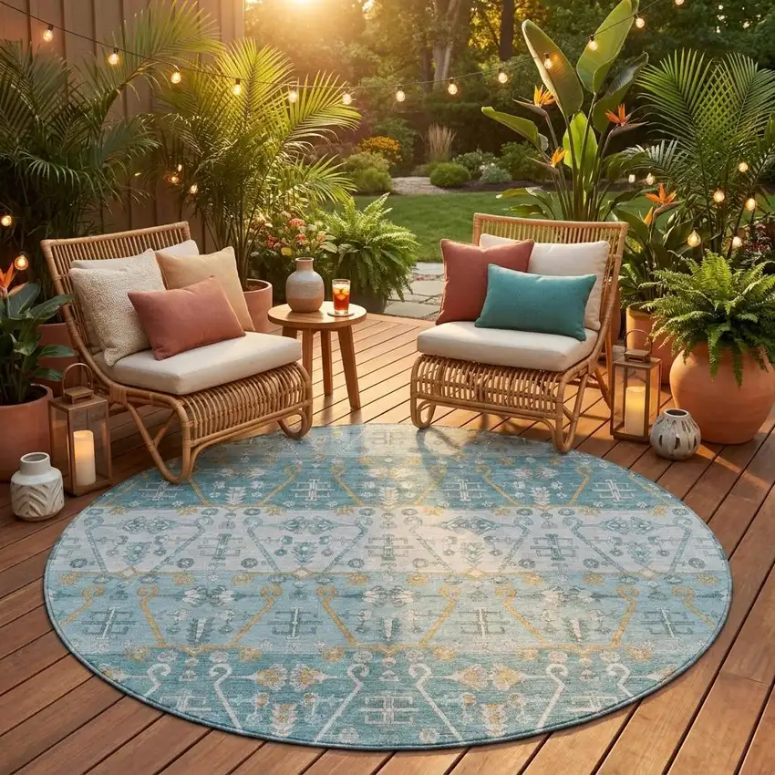 8' Teal Blue And Silver Round Oriental Washable Indoor Outdoor Area Rug Photo 1