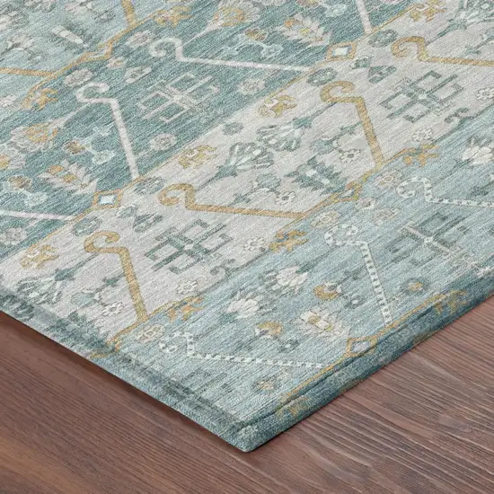 8' Teal Blue And Silver Round Oriental Washable Indoor Outdoor Area Rug Photo 3