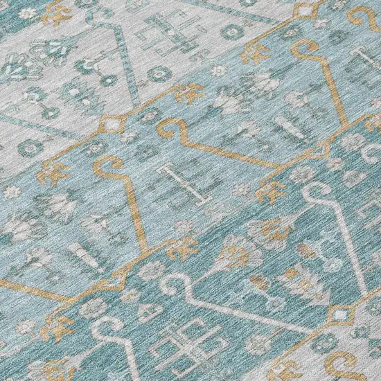 8' Teal Blue And Silver Round Oriental Washable Indoor Outdoor Area Rug Photo 4