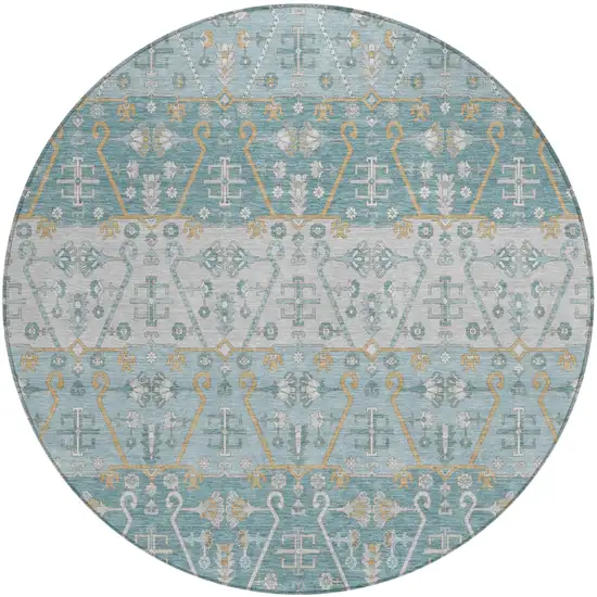 8' Teal Blue And Silver Round Oriental Washable Indoor Outdoor Area Rug Photo 2