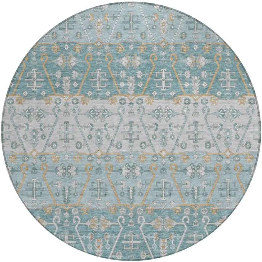 8' Teal Blue And Silver Round Oriental Washable Indoor Outdoor Area Rug Photo 2