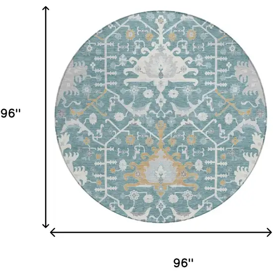 8' Teal Blue And Silver Round Oriental Washable Indoor Outdoor Area Rug Photo 5