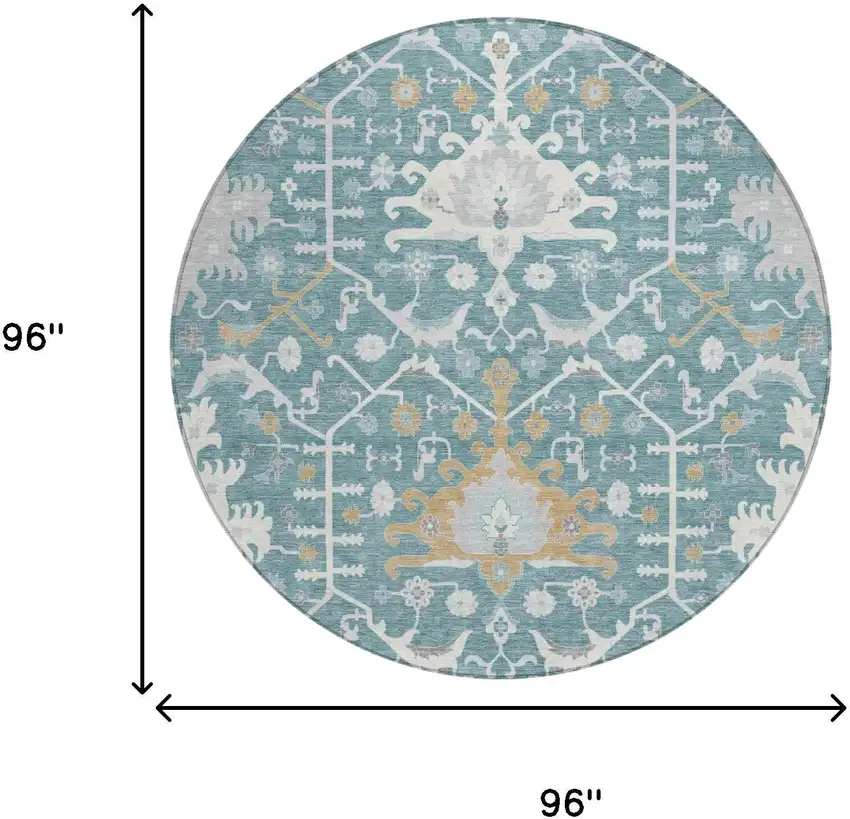 8' Teal Blue And Silver Round Oriental Washable Indoor Outdoor Area Rug Photo 5