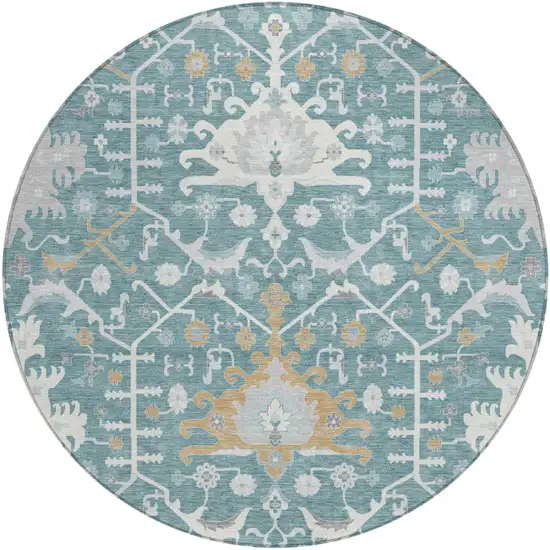 8' Teal Blue And Silver Round Oriental Washable Indoor Outdoor Area Rug Photo 2