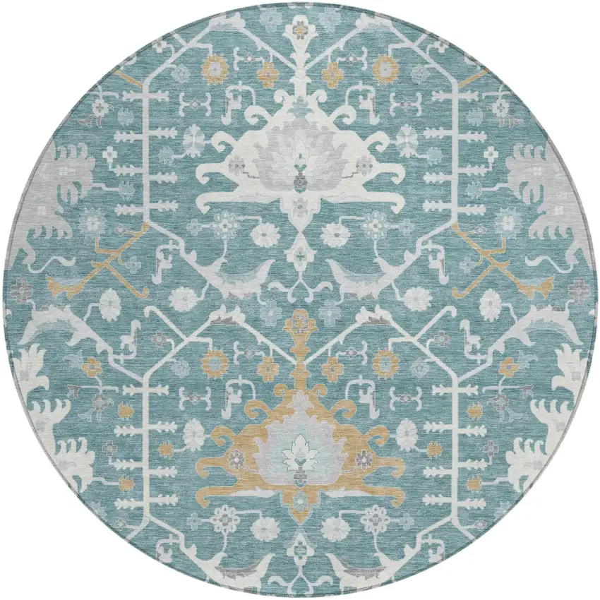 8' Teal Blue And Silver Round Oriental Washable Indoor Outdoor Area Rug Photo 2