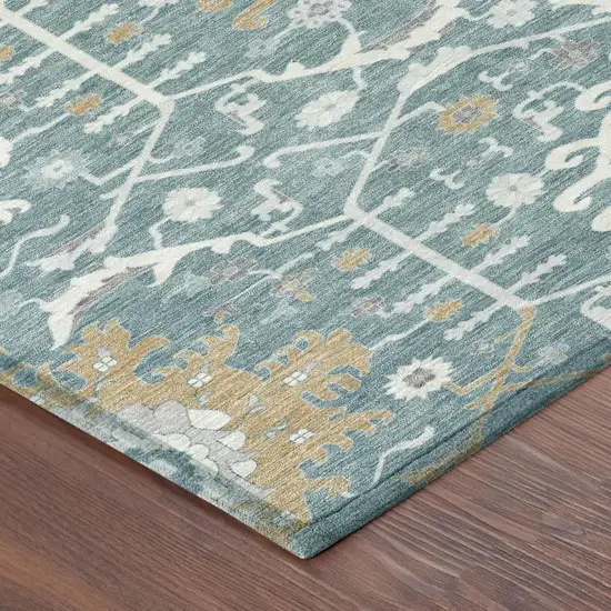 8' Teal Blue And Silver Round Oriental Washable Indoor Outdoor Area Rug Photo 3