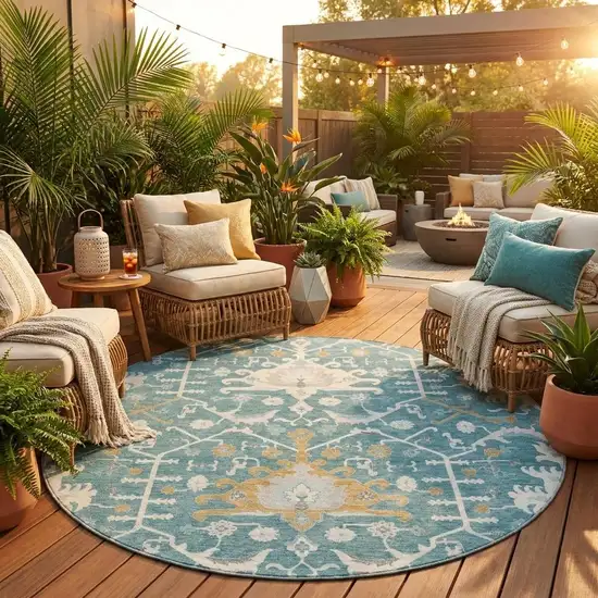 8' Teal Blue And Silver Round Oriental Washable Indoor Outdoor Area Rug Photo 1
