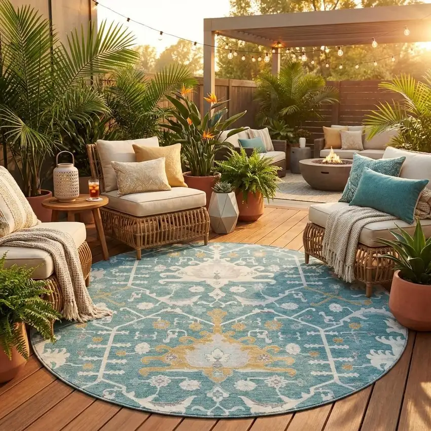8' Teal Blue And Silver Round Oriental Washable Indoor Outdoor Area Rug Photo 1