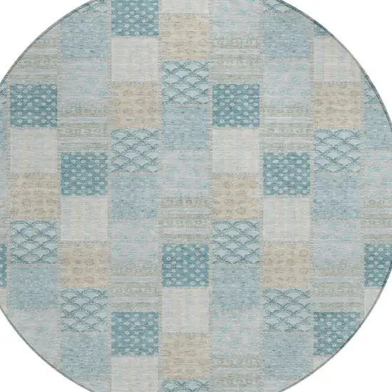 8' Teal Blue And Silver Round Patchwork Washable Indoor Outdoor Area Rug Photo 2