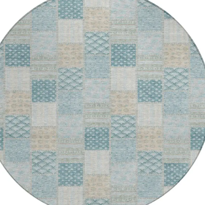 8' Teal Blue And Silver Round Patchwork Washable Indoor Outdoor Area Rug Photo 2