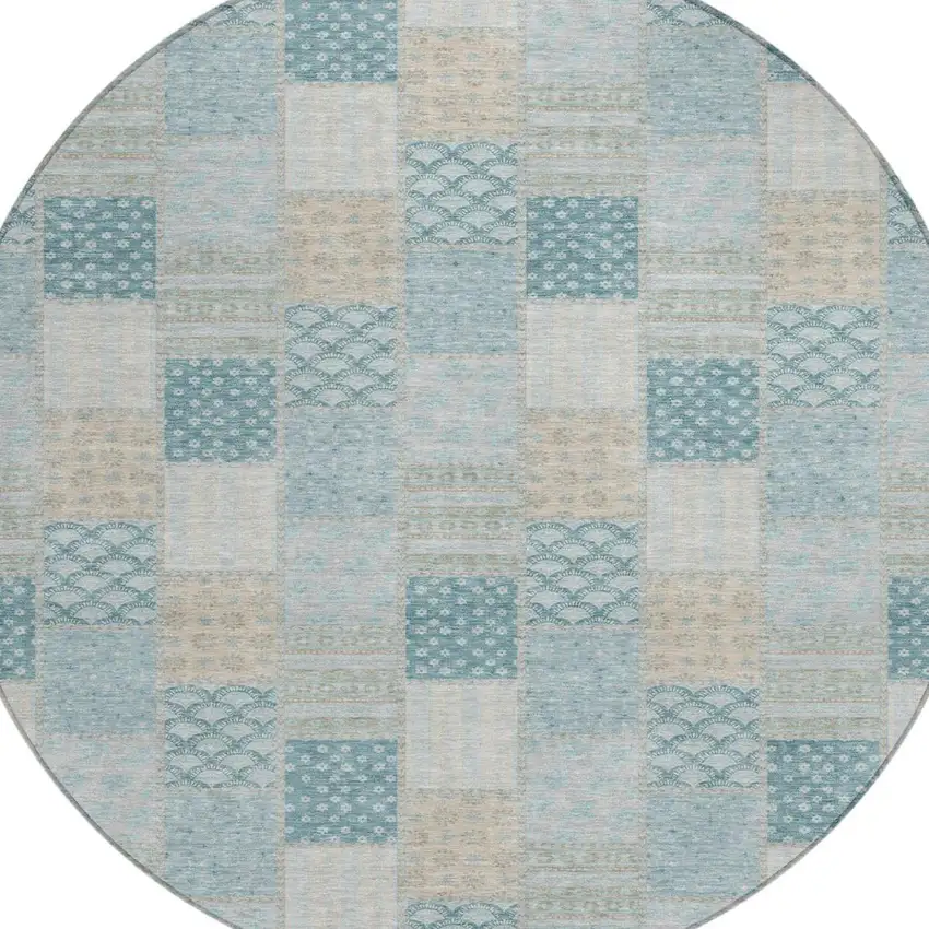 8' Teal Blue And Silver Round Patchwork Washable Indoor Outdoor Area Rug Photo 3