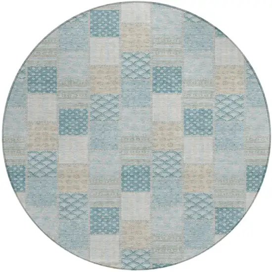 8' Teal Blue And Silver Round Patchwork Washable Indoor Outdoor Area Rug Photo 1