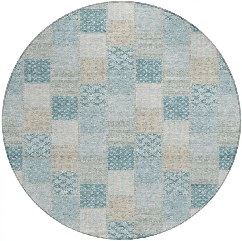 8' Teal Blue And Silver Round Patchwork Washable Indoor Outdoor Area Rug Photo 1
