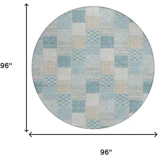 8' Teal Blue And Silver Round Patchwork Washable Indoor Outdoor Area Rug Photo 6