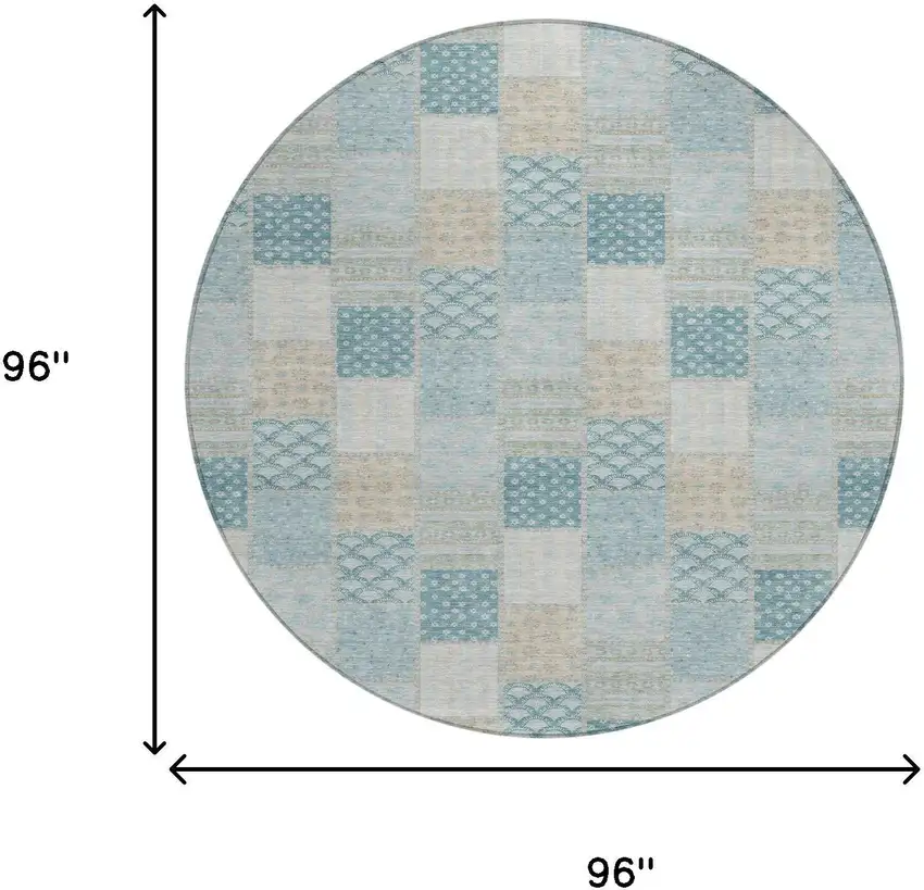 8' Teal Blue And Silver Round Patchwork Washable Indoor Outdoor Area Rug Photo 6