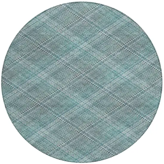 8' Teal Blue And Silver Round Plaid Washable Indoor Outdoor Area Rug Photo 2