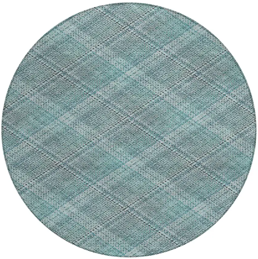 8' Teal Blue And Silver Round Plaid Washable Indoor Outdoor Area Rug Photo 2