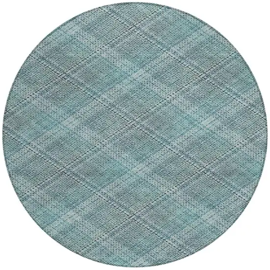 8' Teal Blue And Silver Round Plaid Washable Indoor Outdoor Area Rug Photo 1