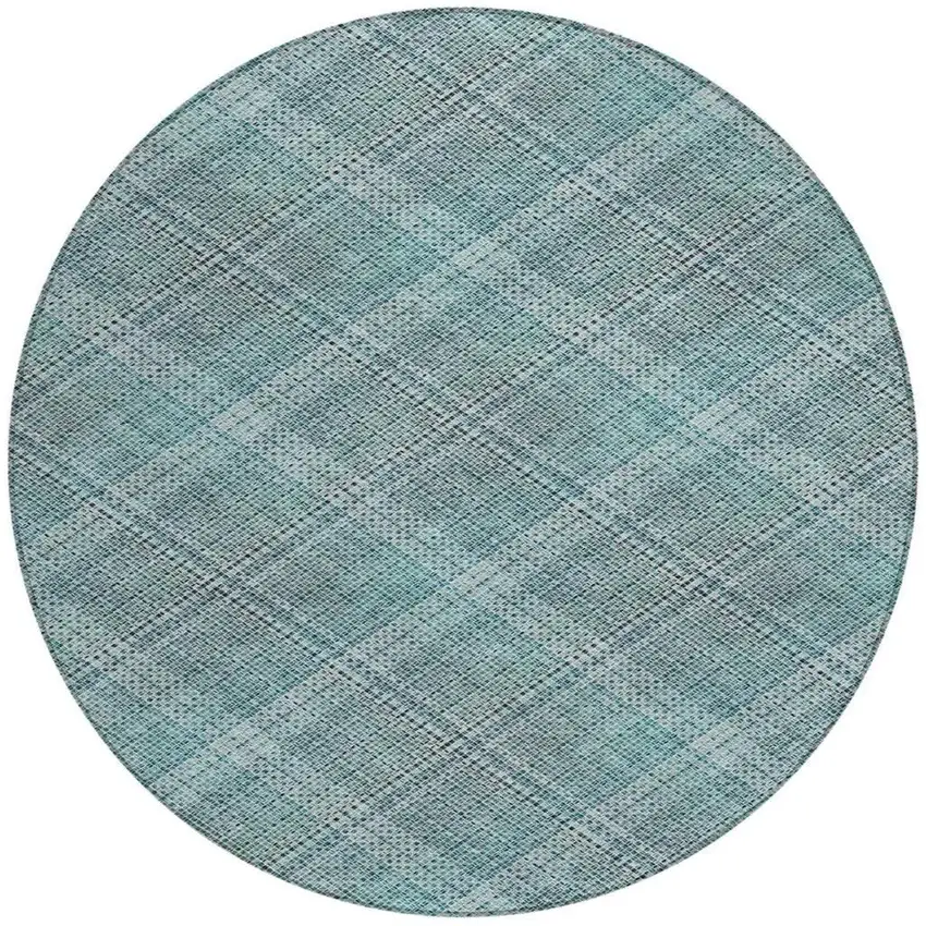 8' Teal Blue And Silver Round Plaid Washable Indoor Outdoor Area Rug Photo 1