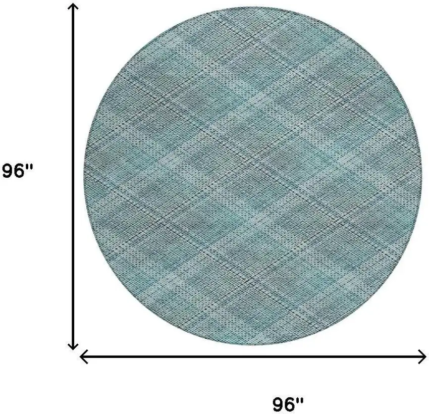 8' Teal Blue And Silver Round Plaid Washable Indoor Outdoor Area Rug Photo 6