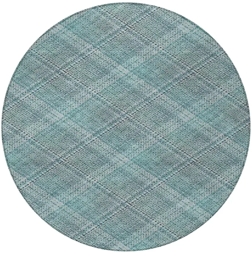 8' Teal Blue And Silver Round Plaid Washable Indoor Outdoor Area Rug Photo 3