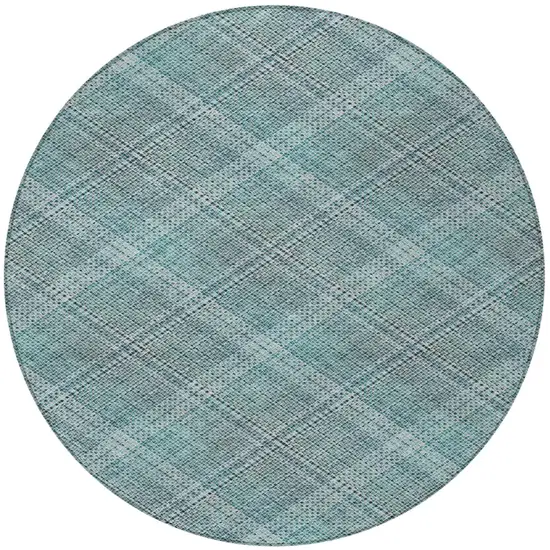 8' Teal Blue And Silver Round Plaid Washable Indoor Outdoor Area Rug Photo 3