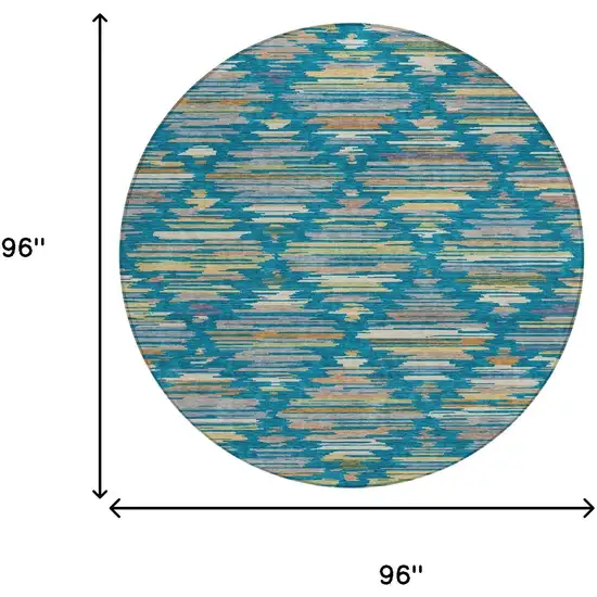 8' Teal Blue And Silver Round Southwestern Washable Indoor Outdoor Area Rug Photo 8
