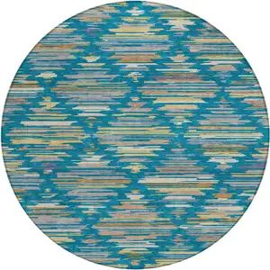 Photo of 8' Teal Blue And Silver Round Southwestern Washable Indoor Outdoor Area Rug