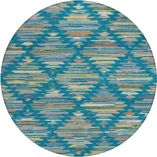 8' Teal Blue And Silver Round Southwestern Washable Indoor Outdoor Area Rug Photo 1