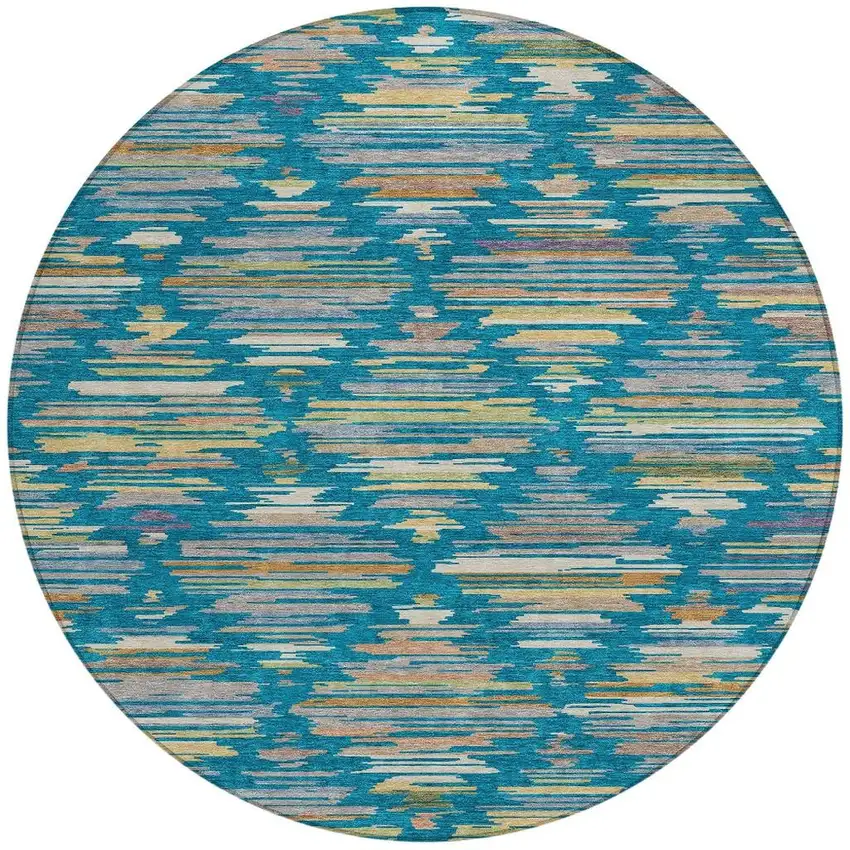 8' Teal Blue And Silver Round Southwestern Washable Indoor Outdoor Area Rug Photo 3