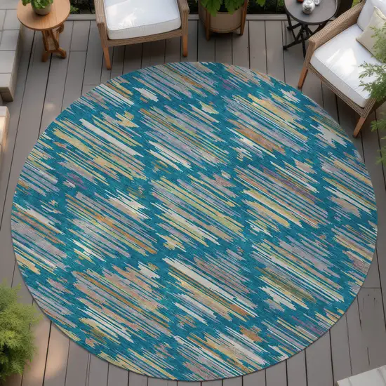 8' Teal Blue And Silver Round Southwestern Washable Indoor Outdoor Area Rug Photo 4