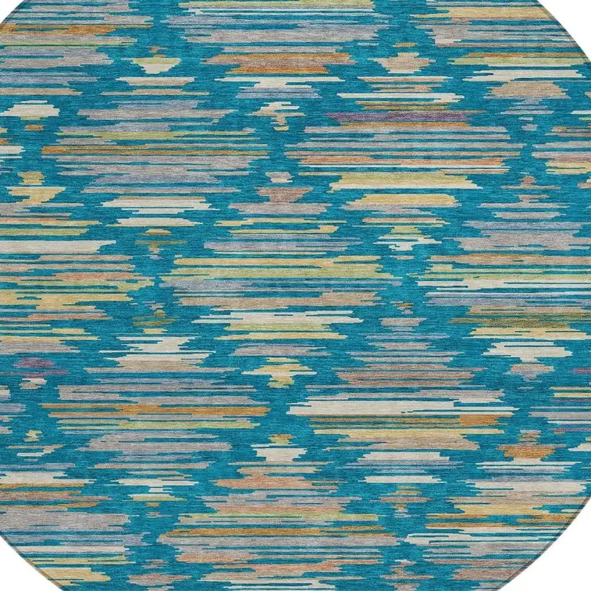 8' Teal Blue And Silver Round Southwestern Washable Indoor Outdoor Area Rug Photo 2
