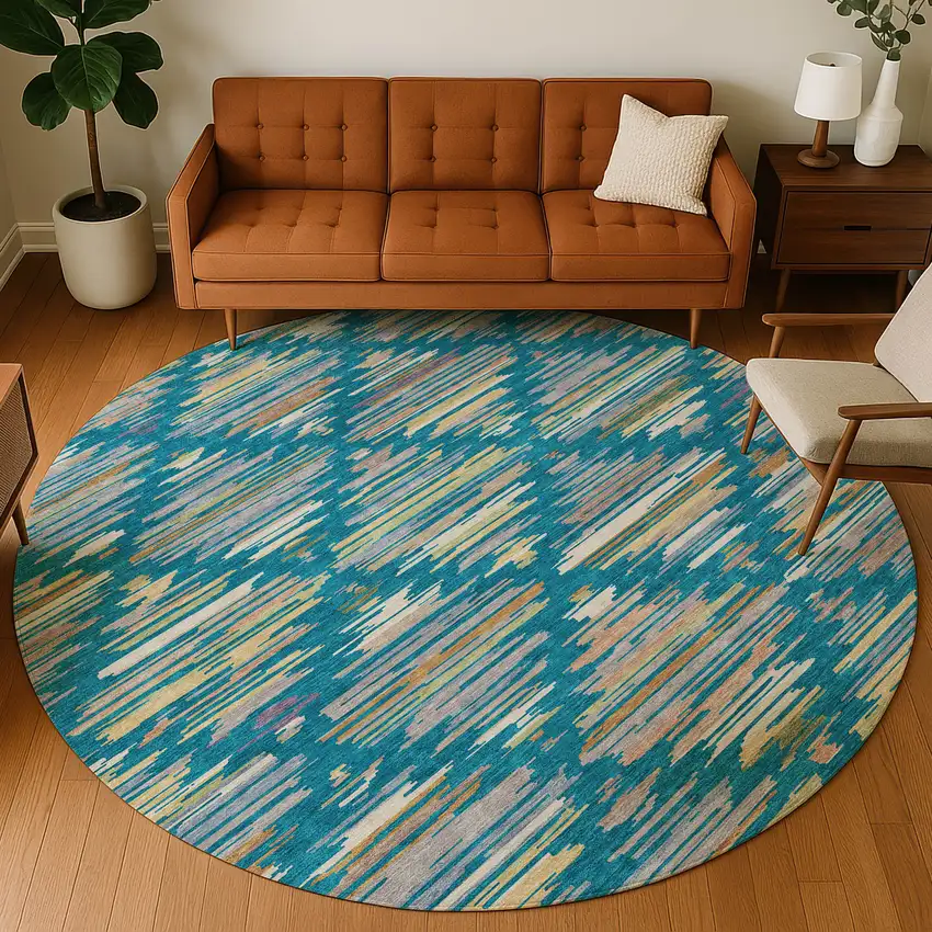 8' Teal Blue And Silver Round Southwestern Washable Indoor Outdoor Area Rug Photo 5