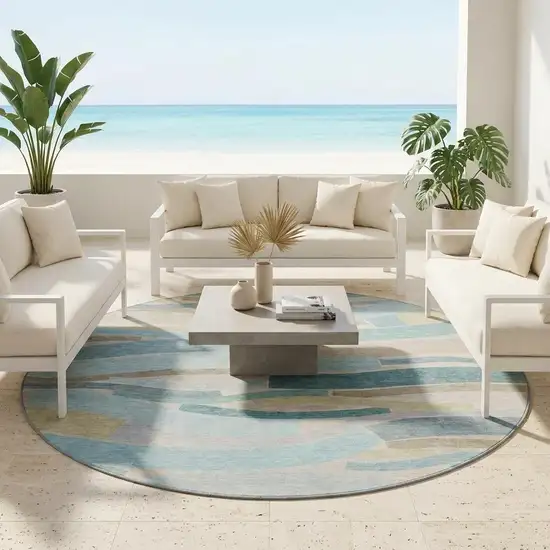 8' Teal Blue And Silver Round Striped Washable Indoor Outdoor Area Rug Photo 1