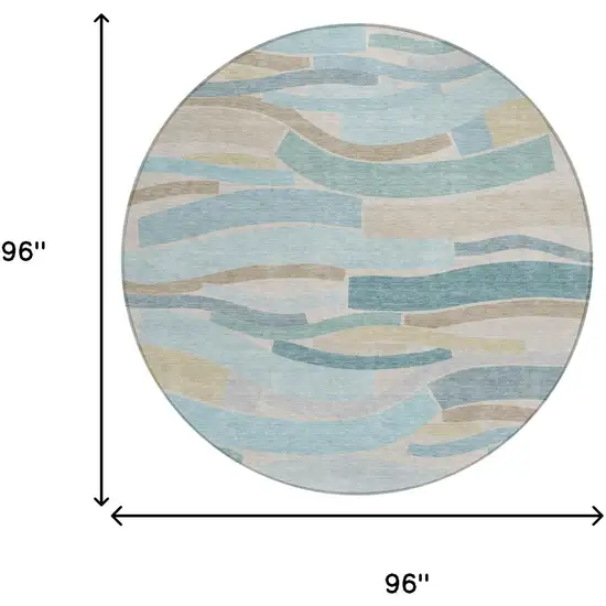 8' Teal Blue And Silver Round Striped Washable Indoor Outdoor Area Rug Photo 5