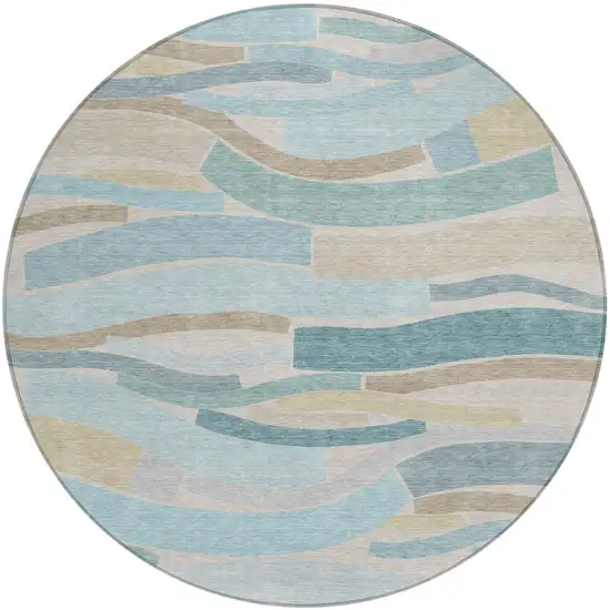 8' Teal Blue And Silver Round Striped Washable Indoor Outdoor Area Rug Photo 2