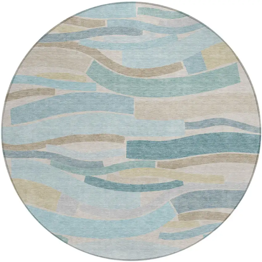 8' Teal Blue And Silver Round Striped Washable Indoor Outdoor Area Rug Photo 2