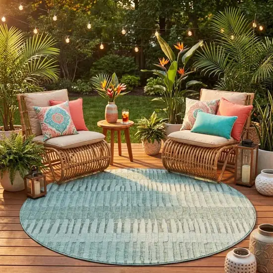 8' Teal Blue And Silver Round Striped Washable Indoor Outdoor Area Rug Photo 1