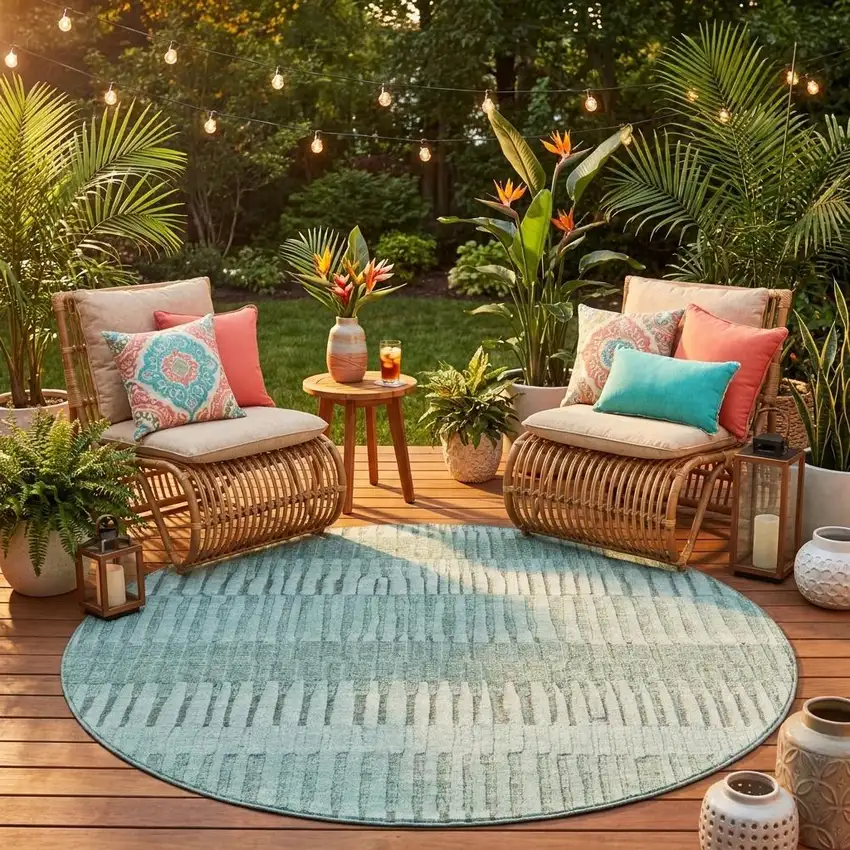 8' Teal Blue And Silver Round Striped Washable Indoor Outdoor Area Rug Photo 1