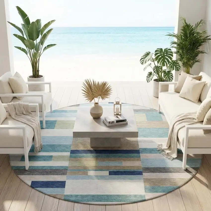 8' Teal Blue And Silver Round Striped Washable Indoor Outdoor Area Rug Photo 1