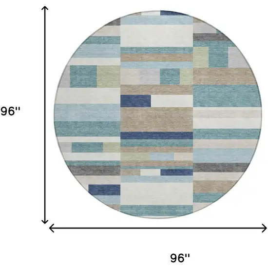 8' Teal Blue And Silver Round Striped Washable Indoor Outdoor Area Rug Photo 5