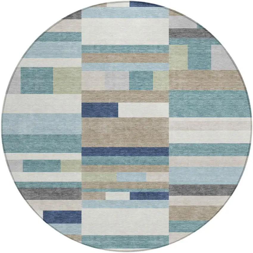 8' Teal Blue And Silver Round Striped Washable Indoor Outdoor Area Rug Photo 2