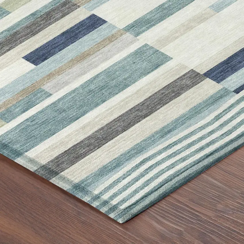 8' Teal Blue And Silver Round Striped Washable Indoor Outdoor Area Rug Photo 3