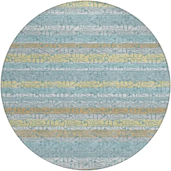 8' Teal Blue And Silver Round Striped Washable Indoor Outdoor Area Rug Photo 2