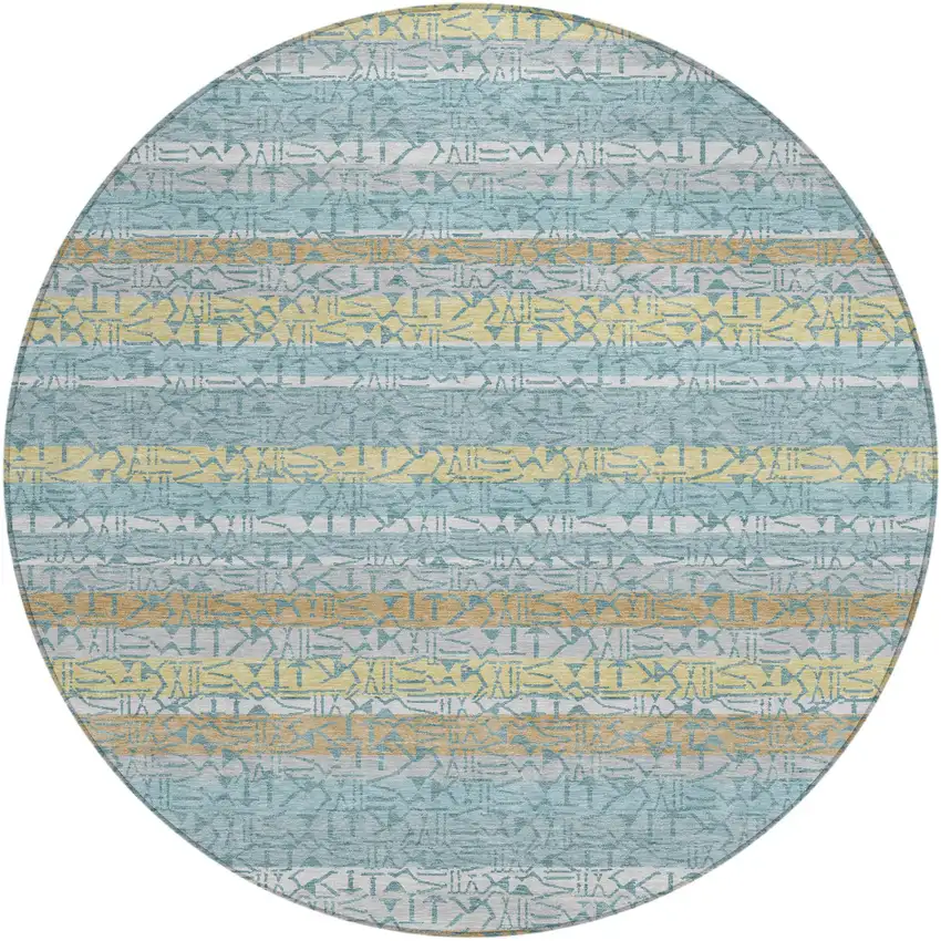 8' Teal Blue And Silver Round Striped Washable Indoor Outdoor Area Rug Photo 2