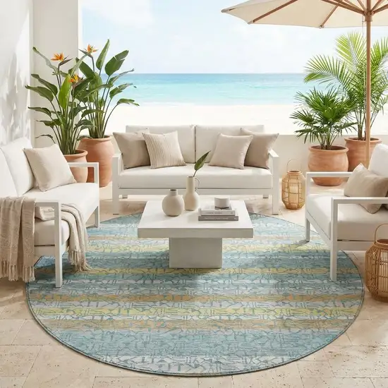 8' Teal Blue And Silver Round Striped Washable Indoor Outdoor Area Rug Photo 1