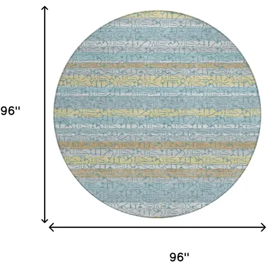 8' Teal Blue And Silver Round Striped Washable Indoor Outdoor Area Rug Photo 5