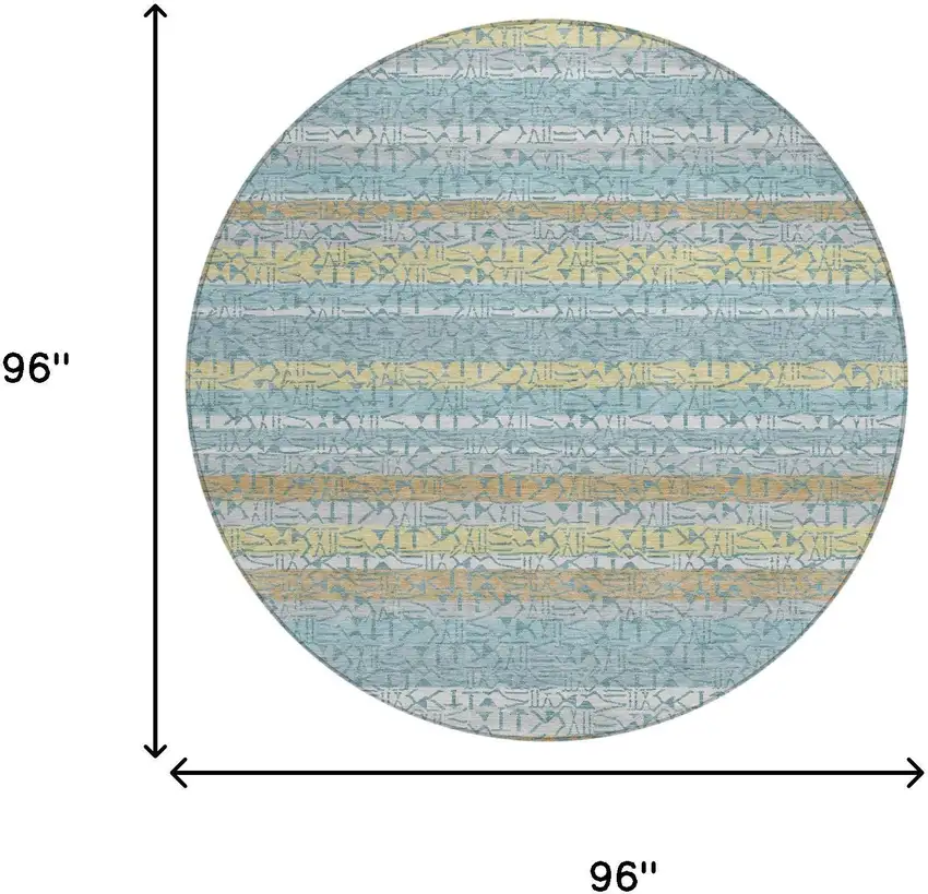 8' Teal Blue And Silver Round Striped Washable Indoor Outdoor Area Rug Photo 5